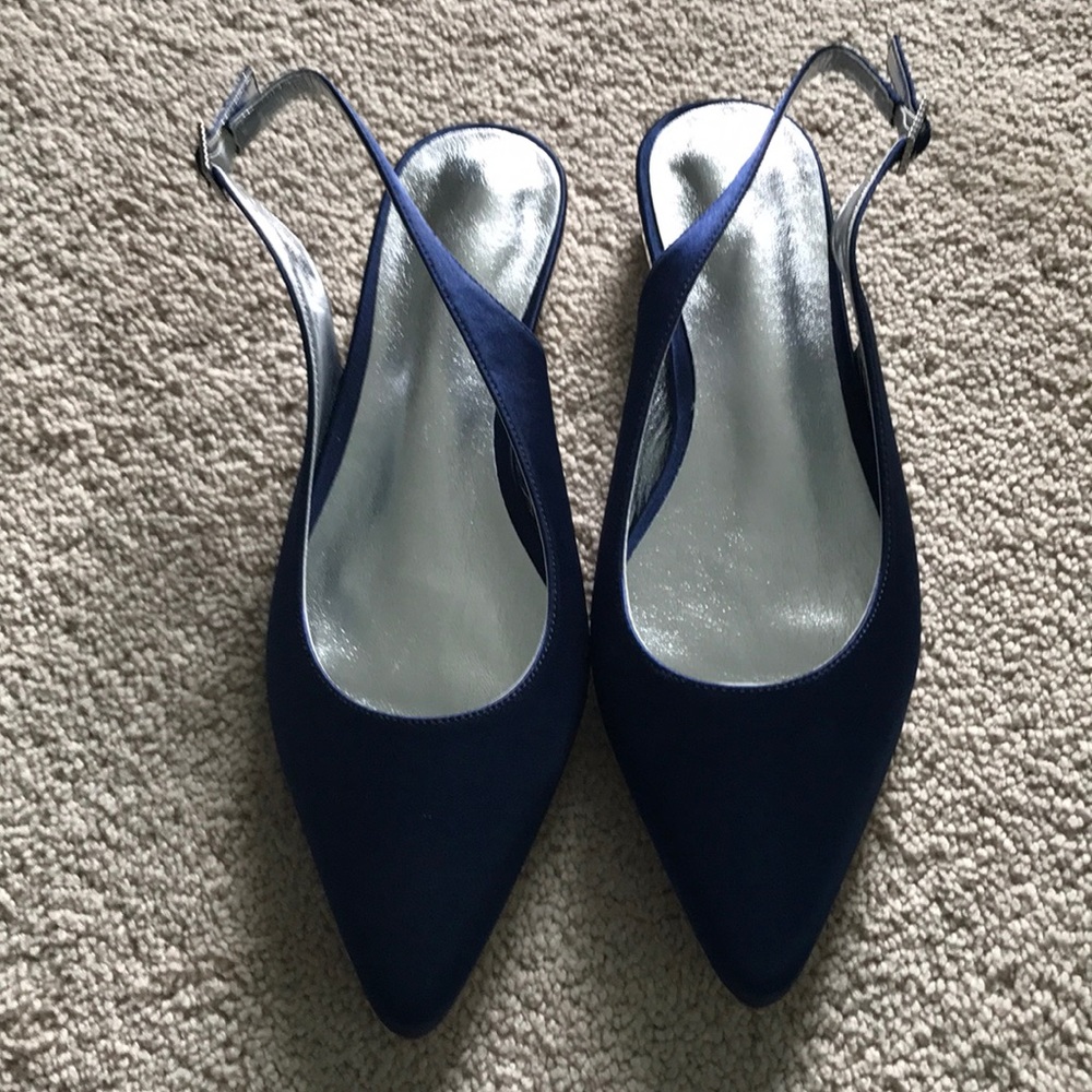 Navy satin flats with silver heel